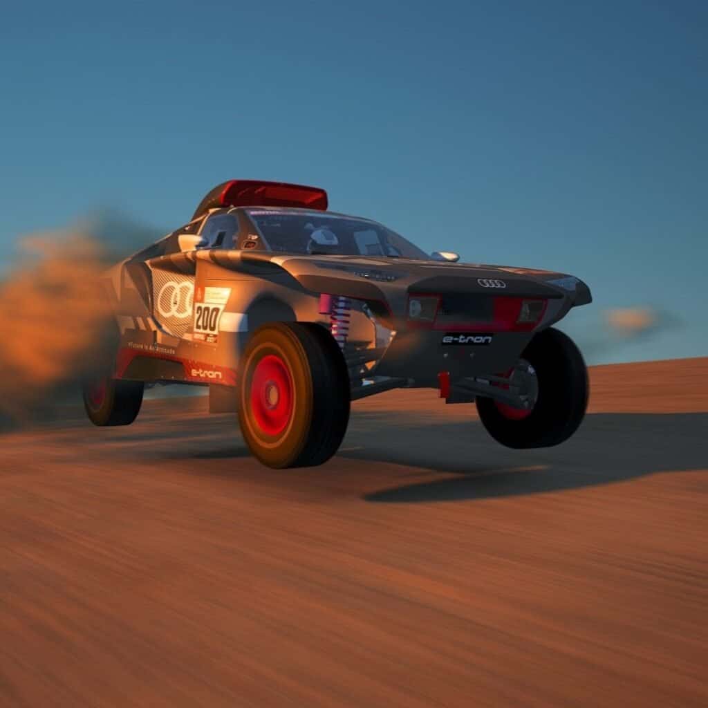 Audi RSQ Etron Dakar special car jumping in a desert in audi simulator for mobile event hire in Munich, Germany.