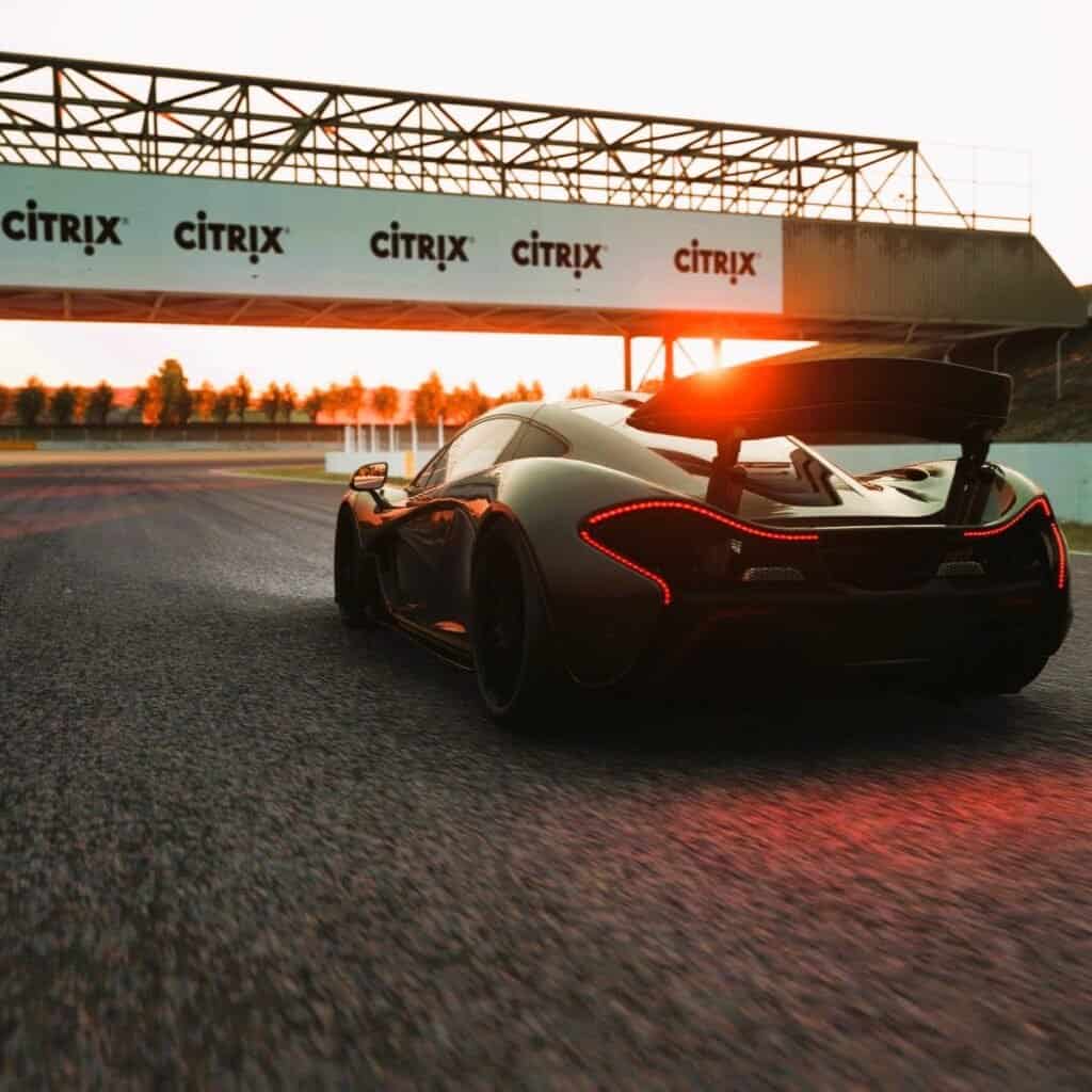 McLaren P1 in a virtual racing track in Catalonia, Spain with a mobile race simulator hired in London, UK.