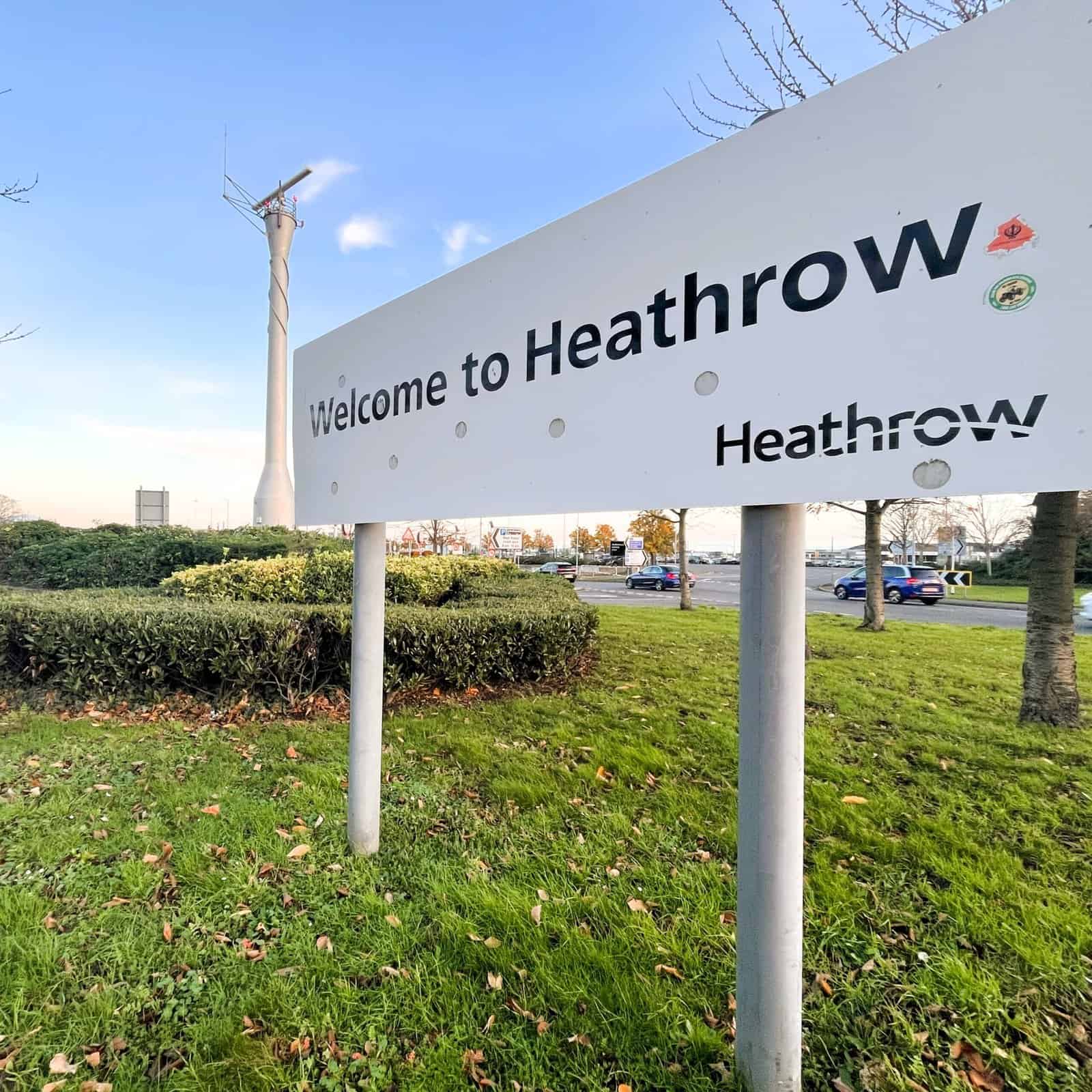 Sign to heathrow airport with motion flight simulators.